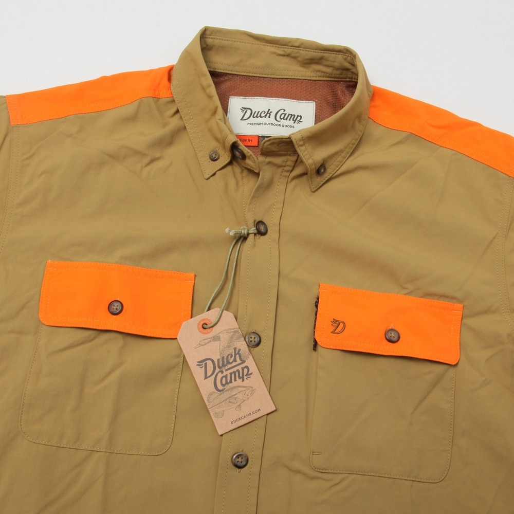 Duck Camp Men's Medium LW Hunting Shirt Short Sleeve Tan Orange Button Down NEW